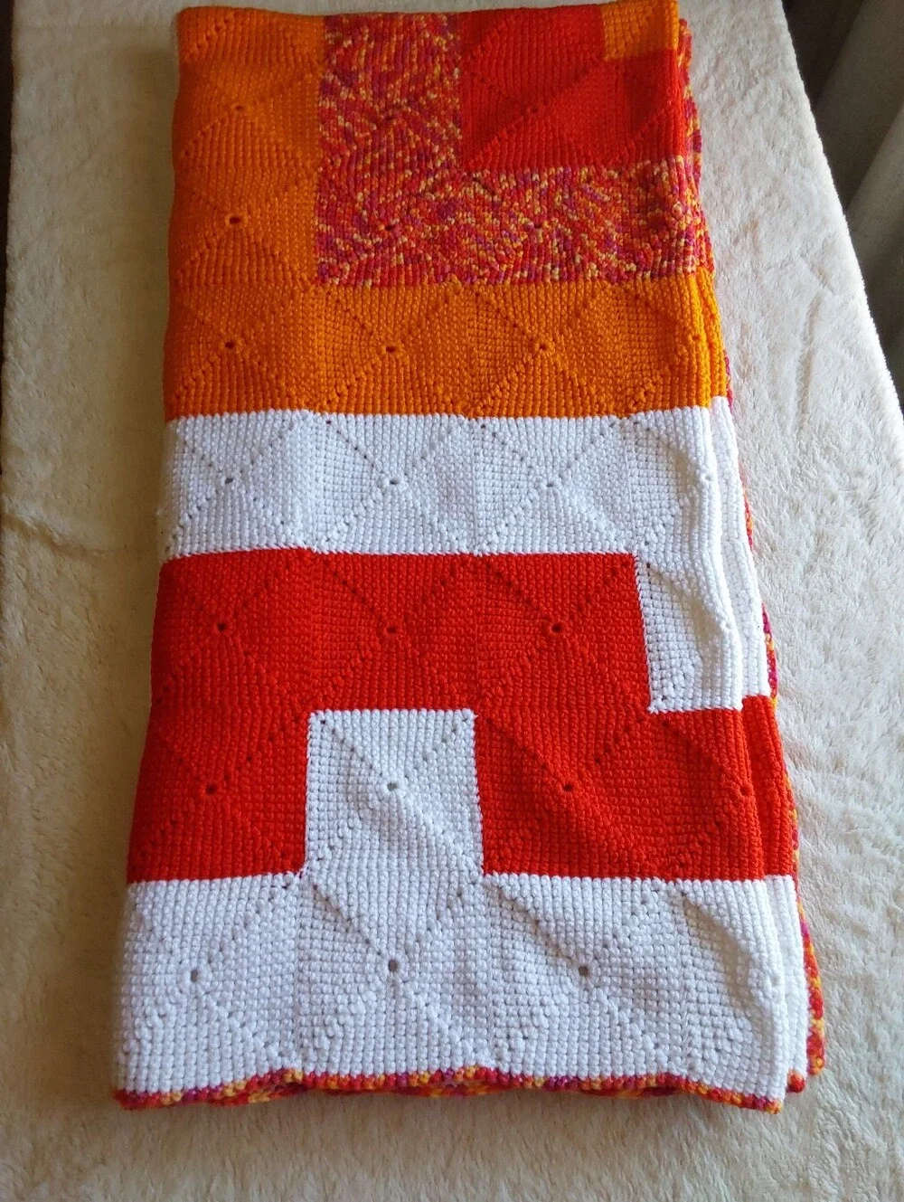 🌺 NEW Handmade Orange, Red & White Geometric Afgan/Bedspread